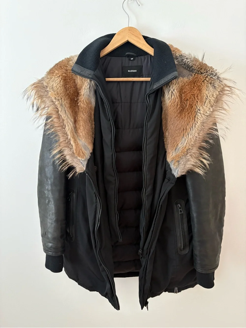 RUDSAK Black Down Fur Trimmed Midi Parka Leather Sleeves Size Medium Luxury Chic - Picture 7 of 16